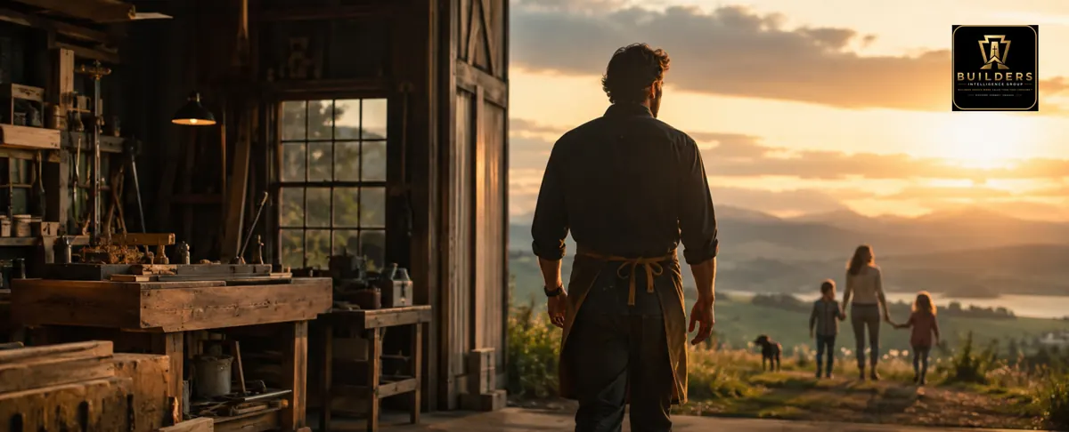 Illustrative Builders creative: an owner looks toward the horizon from a workshop